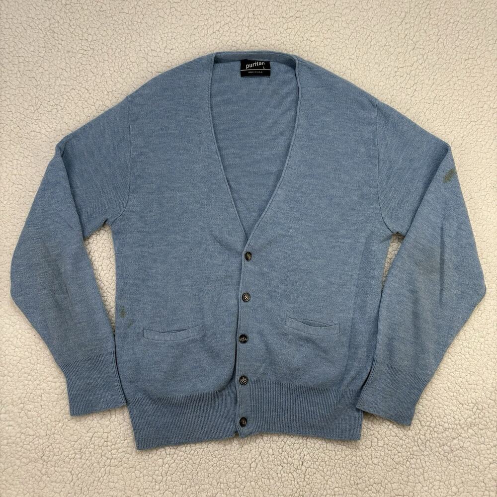 Vintage 80s Puritan Sweater Mens Large Blue Acrylic Cardigan Grandpa Made In USA